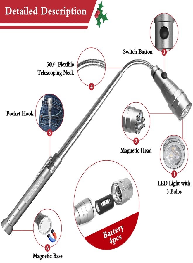 LOCONHA Magnetic Pickup Tool with LED Lights, Telescoping Magnet Flashlight, Cool Gadget Birthday Gifts Christmas Day Gifts for Men, Handyman, Husband, Boyfriend, Him, Father, Dad (Silvery, 1 Pack) - Image 3