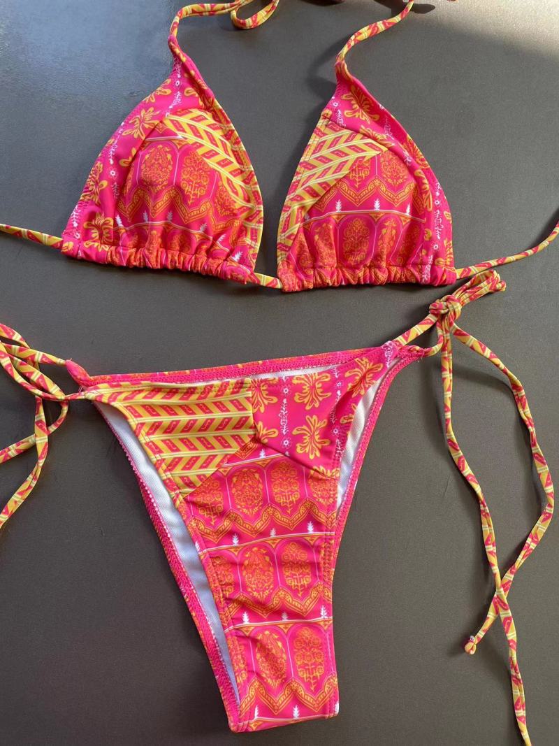 Cross-Border Bikini Swimsuit European and American Split Floral Straps Xingcheng Swimsuit Clothing Hot Girl Suit for Women(Powder, L) - Image 1