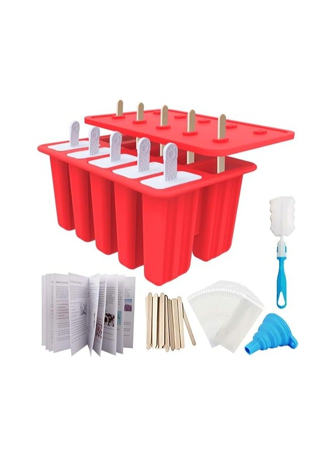 Homemade Popsicle Molds Shapes, 10PCS Silicone Ice Pop Maker Non-BPA, with 50 Sticks, 50 Bags, 10 Reusable Sticks, Funnel, Brush and Ice Pop Recipes - Image 1
