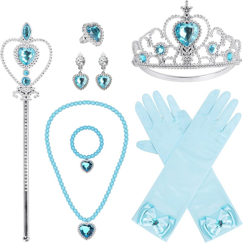 KASTWAVE Princess Dress Up Party Accessories Set - Tiara, Wand, Necklace, Earrings, Bracelet, and Gloves (Blue, 9pcs) - Image 1