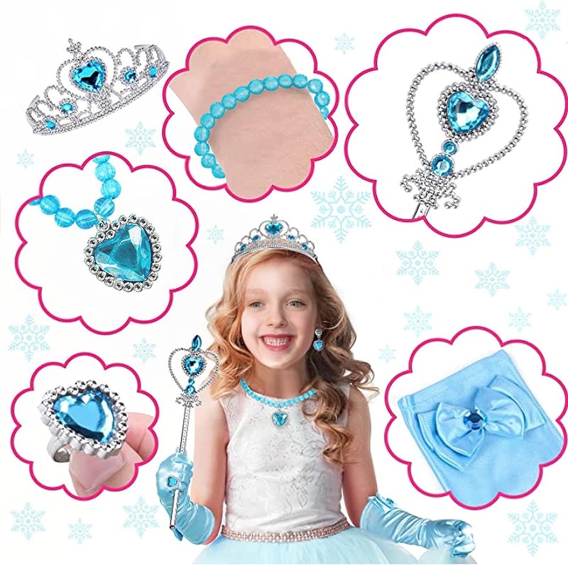 KASTWAVE Princess Dress Up Party Accessories Set - Tiara, Wand, Necklace, Earrings, Bracelet, and Gloves (Blue, 9pcs) - Image 4