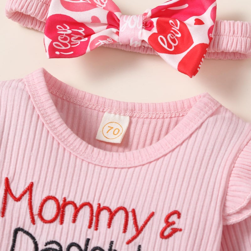 Noubeau My First Valentines Outfits Newborn Baby Girl Outfits Long Sleeve Ribbed Romper Heart Flare Pant Headband 3Pcs(Romper-3,3-6 Months) - Image 4