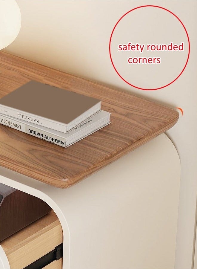 رافين طاولة سرير جانبية من الخشب الصلب بتصميم عصري متعدد الأغراض مع حافة مستديرة وتصميم بسيط ومغلفة بالجلد ودرجين وقاعدة من الخشب الصلب المتين وخزانة تخزين لغرفة المعيشة وغرفة النوم 50 × 40 × 50 سم - Image 5