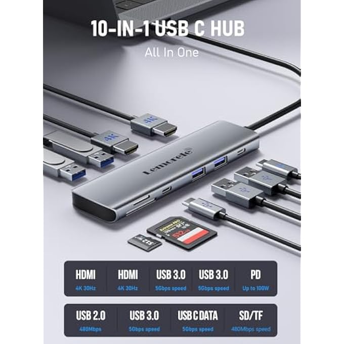 Lemorele LAPTOP DOCKING STATION DUAL HDMI MONITOR, 10 IN 1 USB C HUB WITH 2 HDMI PORTS, PD CHARGING, SD/TF, 5 USB C/A PORTS, LAPTOP DOCKING STATION FOR DELL XPS/HP/LENOVO/SURFACE - Image 3