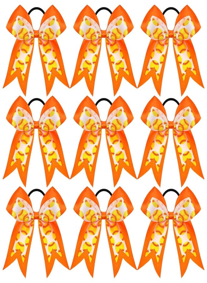 MTLEE 9 Pcs 5.1 Inch Orange Softball Ribbon Hair Bows Elastic Cheer Scrunchies Cheerleader Bows Volleyball Sports Ball Ponytail Holder Sport Hair Accessories for Girl Player - Image 1