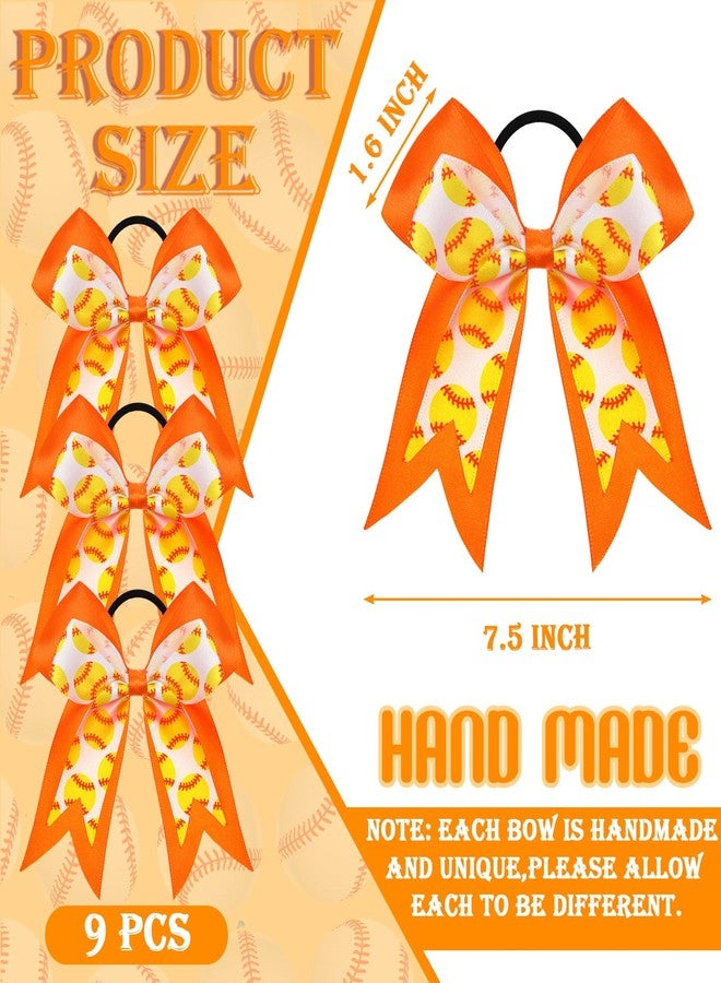 MTLEE 9 Pcs 5.1 Inch Orange Softball Ribbon Hair Bows Elastic Cheer Scrunchies Cheerleader Bows Volleyball Sports Ball Ponytail Holder Sport Hair Accessories for Girl Player - Image 2