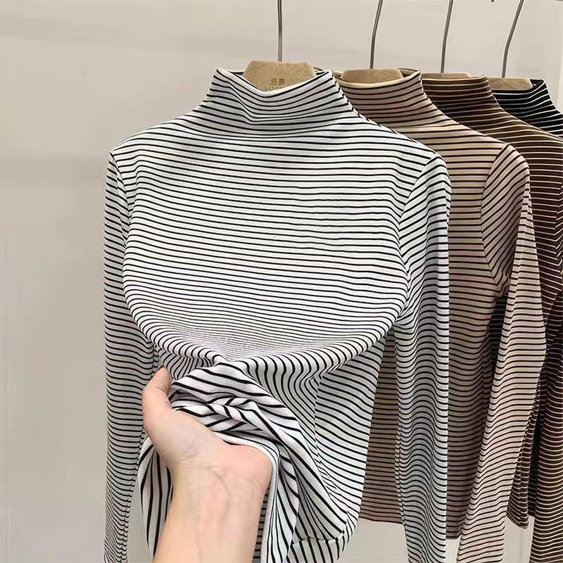 Boys' and Girls' Striped Base Shirt Autumn and Winter Mid-high Collar Long-sleeved T-shirt for Large Children's Velvet Inner T-shirt Trendy - Image 1