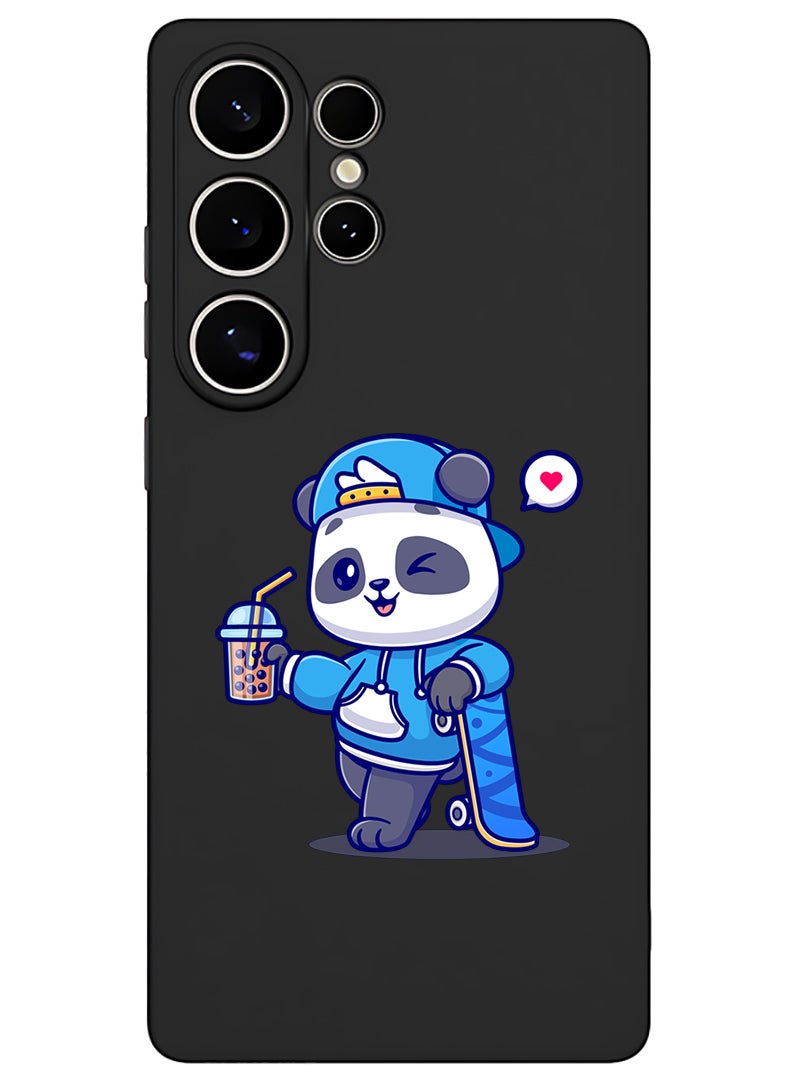 Theodor Protective Slim Fit Case Liquid Silicone Cover with Full Body Protection Anti-Scratch Shockproof Case For Samsung Galaxy S25 Ultra (Black) - Panda having Drink  - Image 1