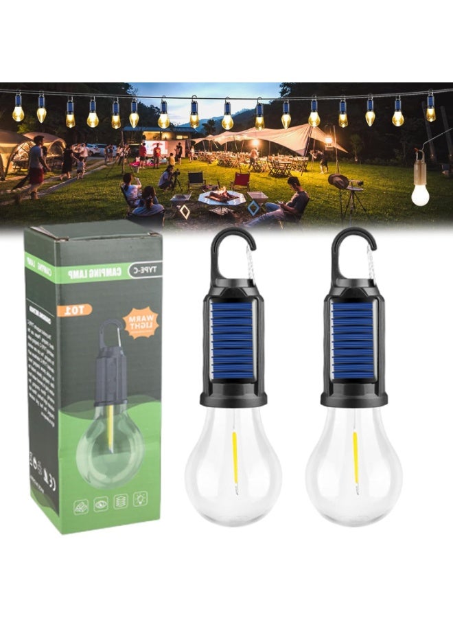 MOCOM 2pcs - Solar Rechargeable Hooked Camping Light Bulb – Dual Solar & USB Charging LED Tent Lamp with Power Display | Portable IPX4 Waterproof Outdoor Lighting with Adjustable Brightness, Foldable Hanging Hook & Vintage Tungsten Design – Ideal for Camping, Hiking, Emergency, and Home Use - Image 1