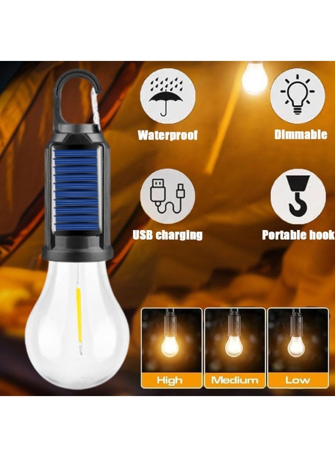 MOCOM 2pcs - Solar Rechargeable Hooked Camping Light Bulb – Dual Solar & USB Charging LED Tent Lamp with Power Display | Portable IPX4 Waterproof Outdoor Lighting with Adjustable Brightness, Foldable Hanging Hook & Vintage Tungsten Design – Ideal for Camping, Hiking, Emergency, and Home Use - Image 2
