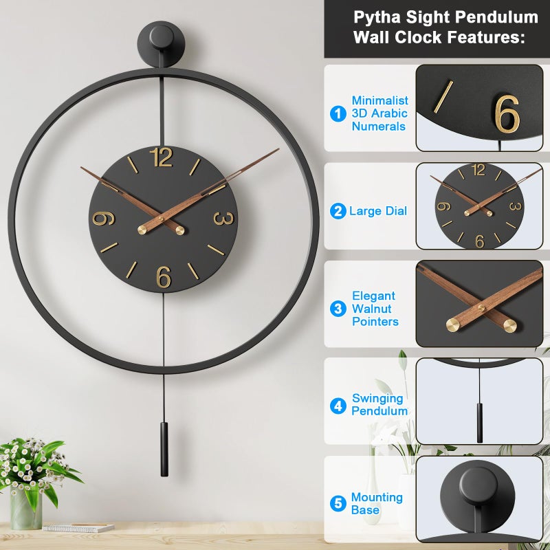 Pytha Sight 34.6Ã—24 Inch Large Modern Decorative Oversized Pendulum Wall Clocks for Living Room,Big Minimalist Metal 3D Arabic Numeral Dial,Wall Clock With Walnut Pointers for Entryway,Dining Room Decor - Image 2