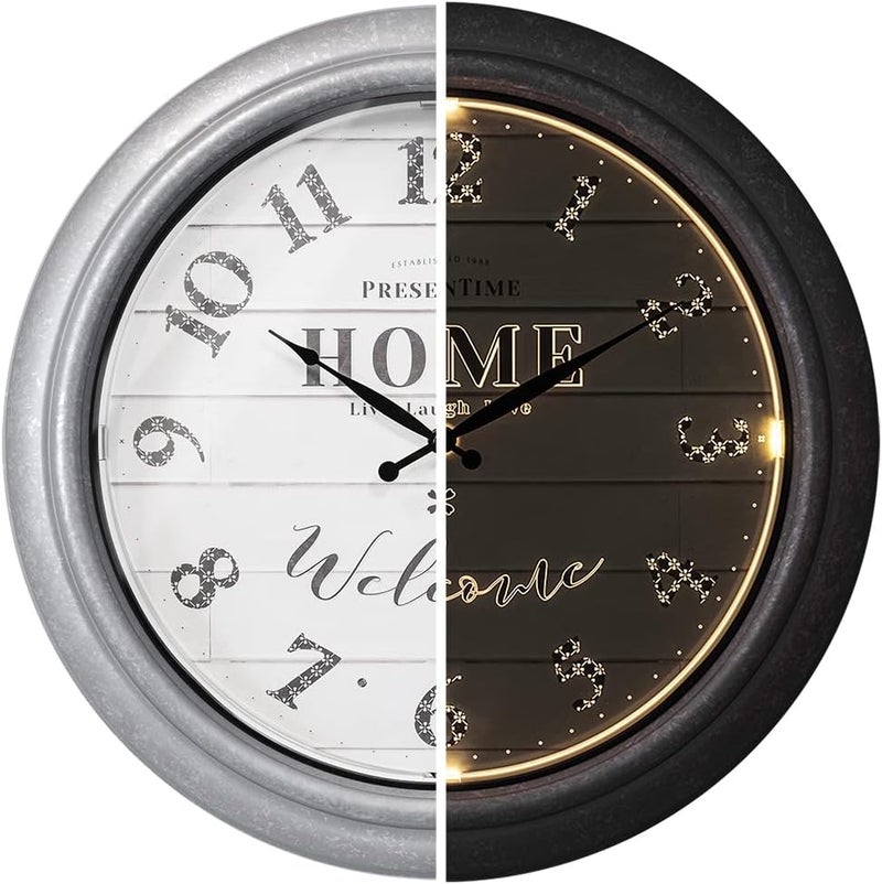 Presentime & Co 18" Vienna Modern Farmhouse Luminous Indoor/Outdoor Clock, Shiplap Style, Galvanized Silver Finish, Night Light with Smart Sensor, Wall Decoration, Outdoor Lights & Decoration. - Image 1