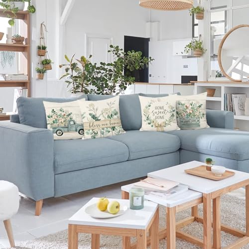Bonhause Eucalyptus Leaves Throw Pillow Covers 18 x 18 Inch Blue Truck Home Sweet Home Farmhouse Decorative Pillows Polyester Linen Cushion Cases for Couch Sofa Bed Home Decor Set of 4 - Image 3