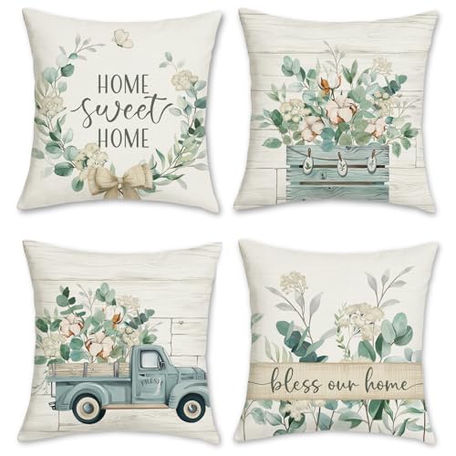 Bonhause Eucalyptus Leaves Throw Pillow Covers 18 x 18 Inch Blue Truck Home Sweet Home Farmhouse Decorative Pillows Polyester Linen Cushion Cases for Couch Sofa Bed Home Decor Set of 4 - Image 1