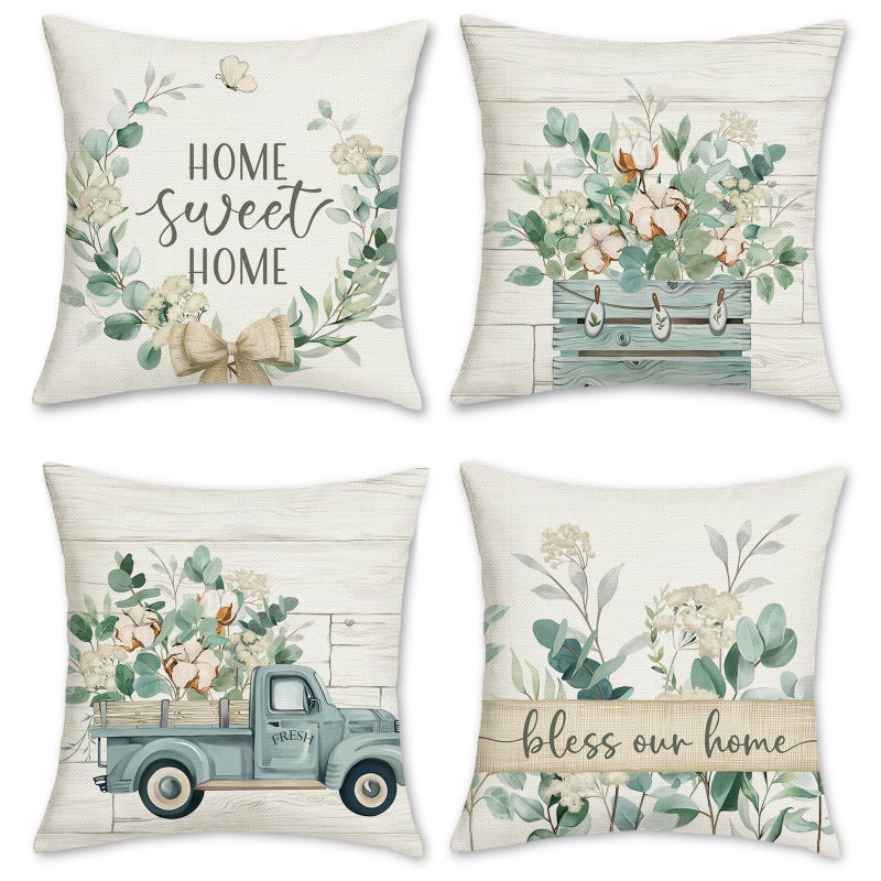 Bonhause Eucalyptus Leaves Throw Pillow Covers 18 x 18 Inch Blue Truck Home Sweet Home Farmhouse Decorative Pillows Polyester Linen Cushion Cases for Couch Sofa Bed Home Decor Set of 4 - Image 2