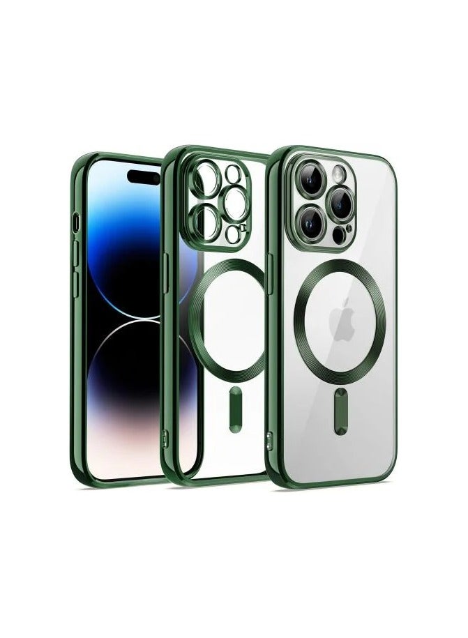 Clear Magnetic Case for iPhone 14 Pro Max with MagSafe [Original iPhone Outer] [Built-in Camera Cover] Slim Thin Silicone Cover [Non-Yellowing] Anti-Fingerprint Wireless Charging Green 