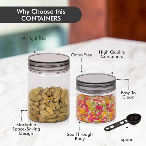 Homeor Plastic Storage Jar & Containers With Spoon, Airtight & BPA Free Containers for Kitchen, Grocery Kitchen Container, Multipurpose Jar | 200 ML - 6 Pcs, 300 ML - 6 Pcs, Set of 12, Black - Image 2