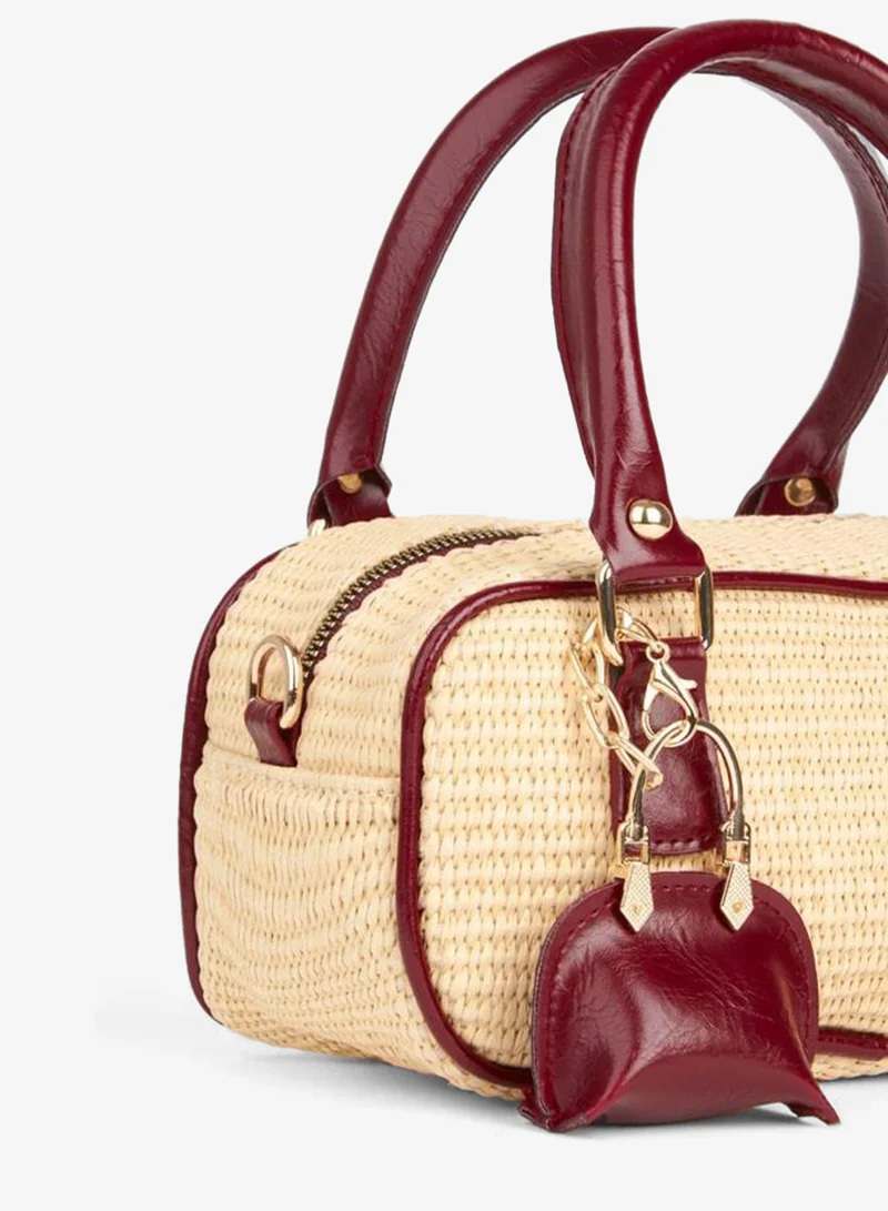 Women's Sedir Straw Burgundy Charm-Accented Zipper-Closure Hand, Arm, and Shoulder Bag.