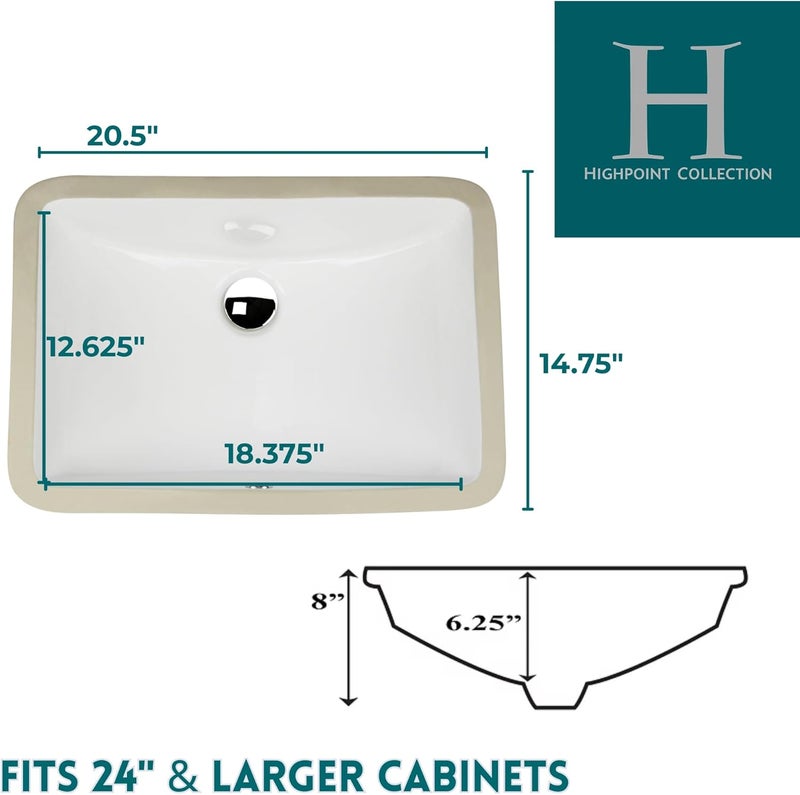 Highpoint Collection Undermount Bathroom Sink – 18"x12 White Rectangular Single Bowl Sink with Overflow, for Vanity – Porcelain Enamel Glaze Ceramic, Scoop Bottom, Template Included HP-1812W - Image 2