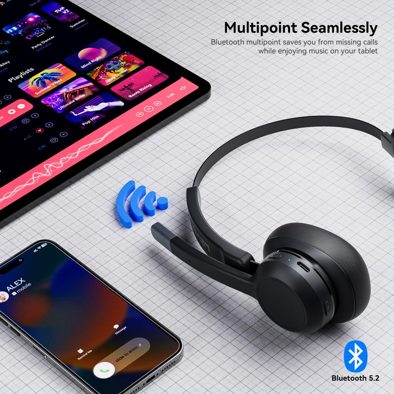 LEVN Trucker Headset, Trucker Bluetooth Headset with Noise Cancelling Microphone & Mute Button, Bluetooth Headset 5.2 Multipoint for Work from Home/Cell Phone/Computer/Zoom/Teams/Truck Driver - Image 4