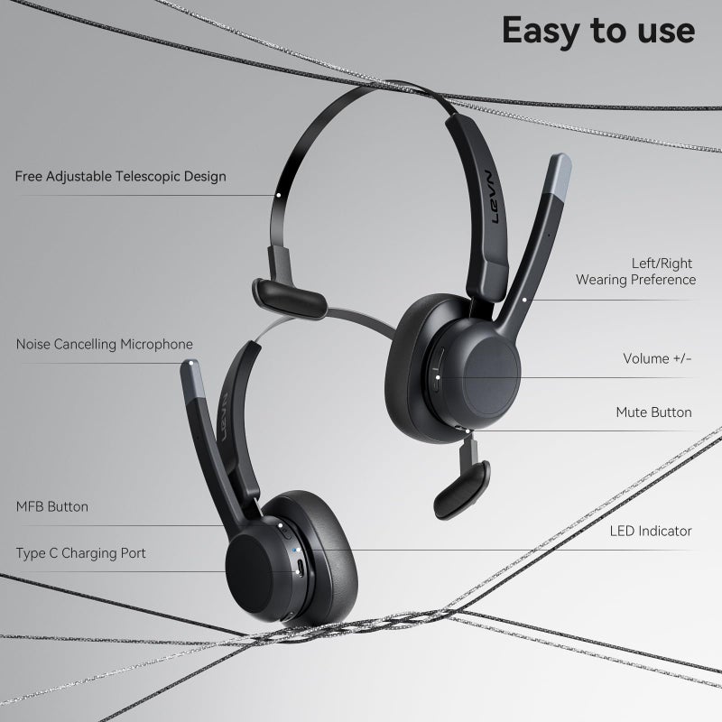 LEVN Trucker Headset, Trucker Bluetooth Headset with Noise Cancelling Microphone & Mute Button, Bluetooth Headset 5.2 Multipoint for Work from Home/Cell Phone/Computer/Zoom/Teams/Truck Driver - Image 5