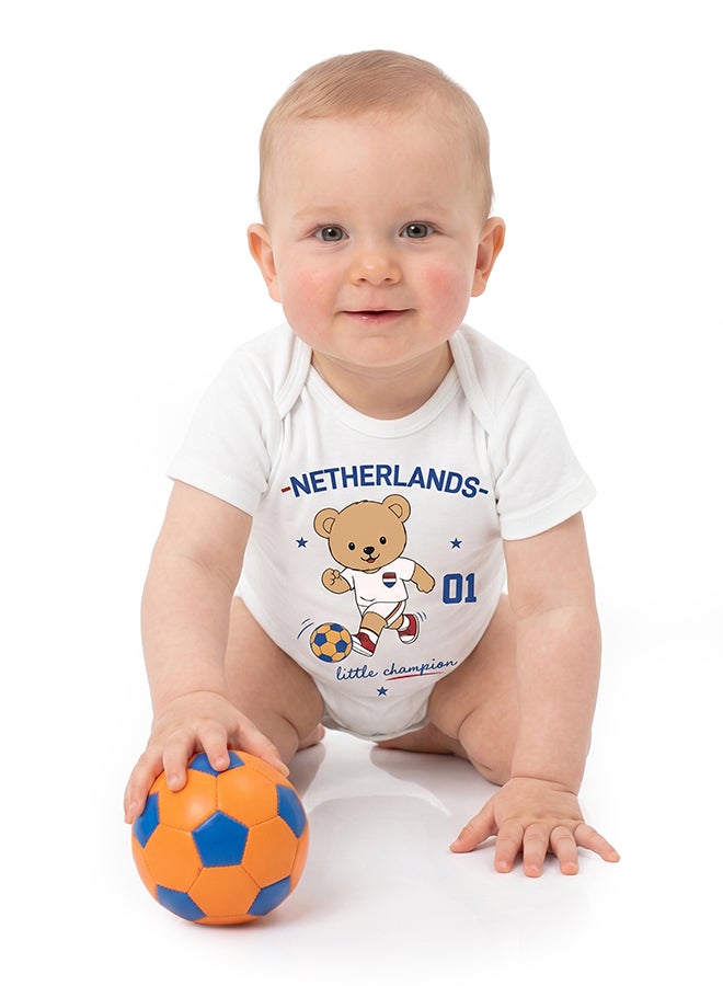 Nurtur FIFA Netherlands Football Printed Unisex Baby Onesie, Little Champion Teddy Graphic, Soft Cotton Infant Bodysuit - White - Image 5