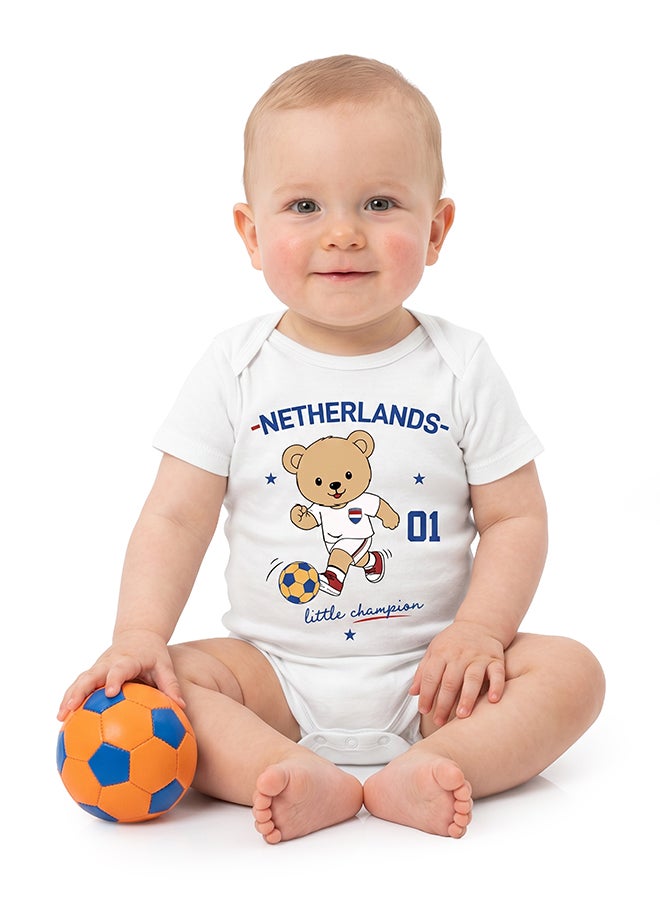 Nurtur FIFA Netherlands Football Printed Unisex Baby Onesie, Little Champion Teddy Graphic, Soft Cotton Infant Bodysuit - White - Image 3