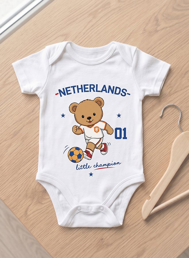 Nurtur FIFA Netherlands Football Printed Unisex Baby Onesie, Little Champion Teddy Graphic, Soft Cotton Infant Bodysuit - White - Image 1