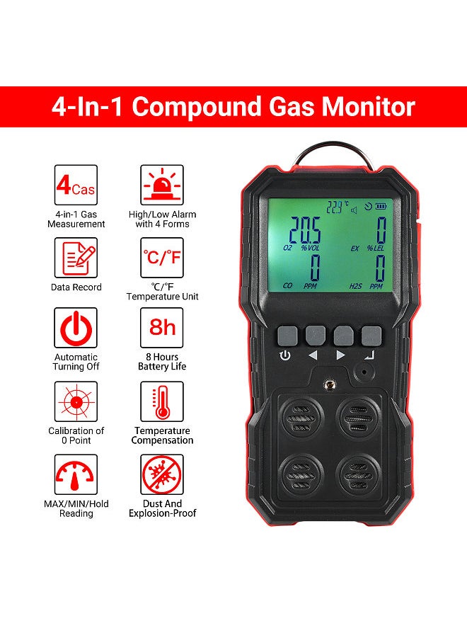 Lepmerk WT8812 4-In-1 Compound Gas Measurement Monitor LEL/O2/H2S/CO Gas Monitor LCD Display Sound Light Vibration Alarm Data Record With 4 Forms Alarm  - Image 2