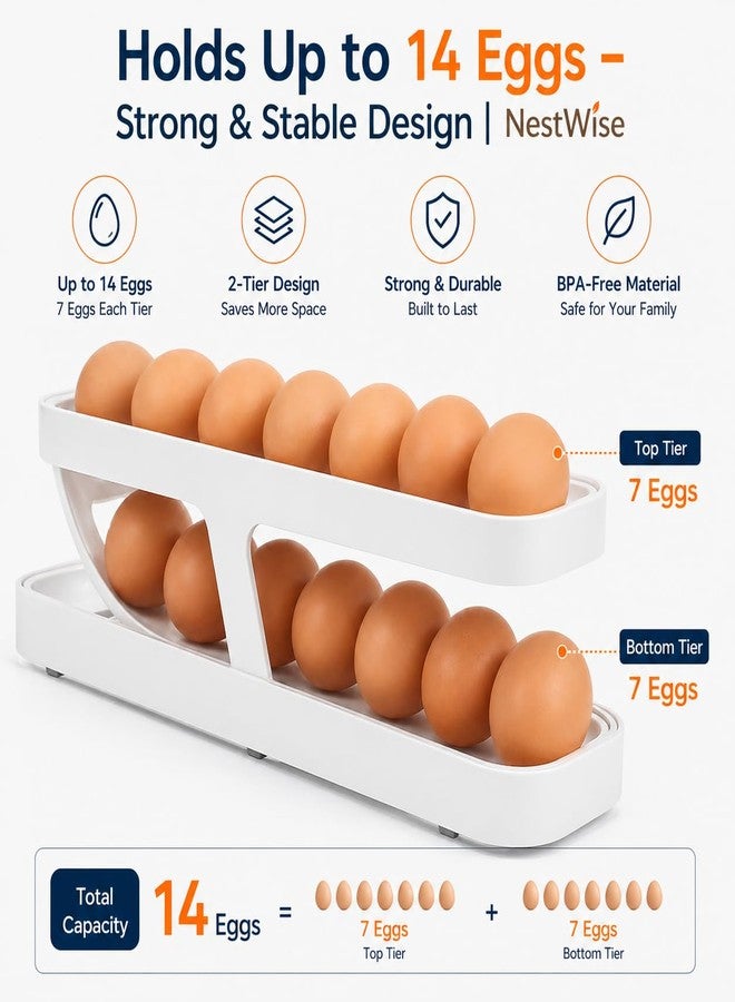 NestWise موزع بيض دوار من طبقتين - حامل بيض أوتوماتيكي يعمل بالجاذبية للثلاجة | رف تخزين بيض موفر للمساحة لمنظم المطبخ (12-14 بيضة) - Image 5