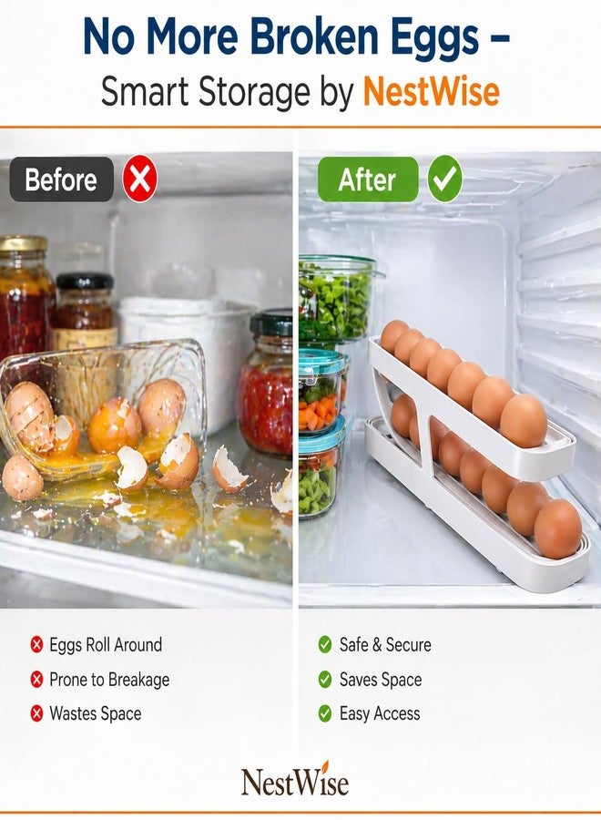 NestWise موزع بيض دوار من طبقتين - حامل بيض أوتوماتيكي يعمل بالجاذبية للثلاجة | رف تخزين بيض موفر للمساحة لمنظم المطبخ (12-14 بيضة) - Image 2