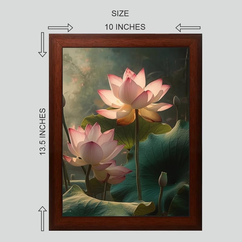 Lotus Painting Digital Reprint Trendy Fancy Room Home Office Wall Decoration With Brown Frame (10inches X 13.5inches)  - Image 2