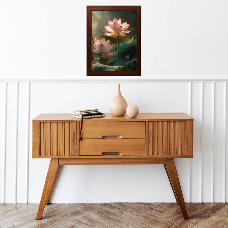 Lotus Painting Digital Reprint Trendy Fancy Room Home Office Wall Decoration With Brown Frame (10inches X 13.5inches)  - Image 3