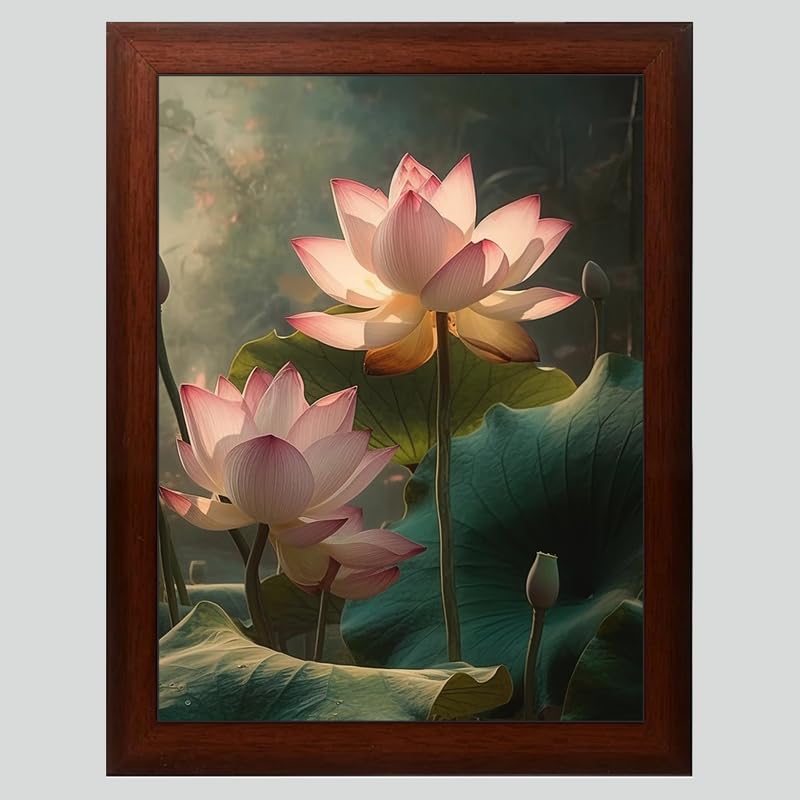 Lotus Painting Digital Reprint Trendy Fancy Room Home Office Wall Decoration With Brown Frame (10inches X 13.5inches)  - Image 1