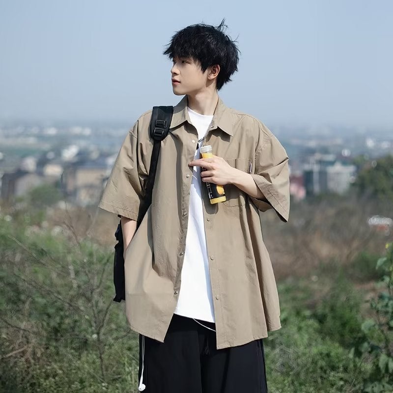 Summer Japanese Style cityboy Retro Short-sleeved Shirt Boys Loose All-match Couple Casual Outer-wear Half-sleeved Shirt