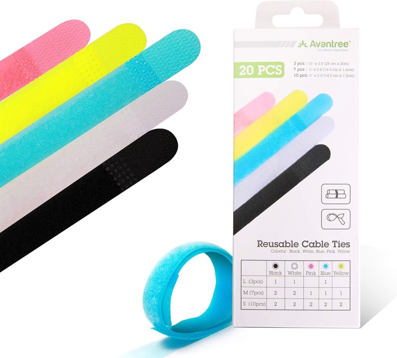 Avantree Pack of 20 Reusable Cord Organizer Keeper Holder, Fastening Cable Ties Straps for Earbud Headphones Phones Electronics Electrical Computer PC Wire Wrap Management, Assorted 3 Size and 5 Color - Image 1