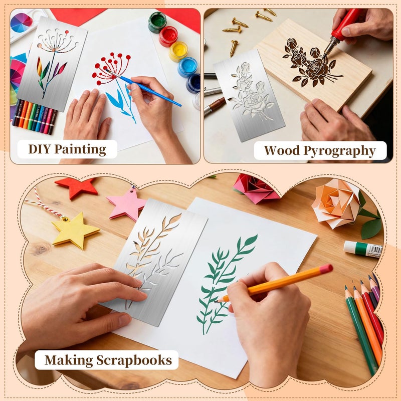 Eageus 8 Pcs Metal Stencils Wood Burning Stencil Lettering Stencils for Painting, Reusable Sunflower Flower Template for Wood Carving Drawing Engraving Journal Craft(Plant Style) - Image 5