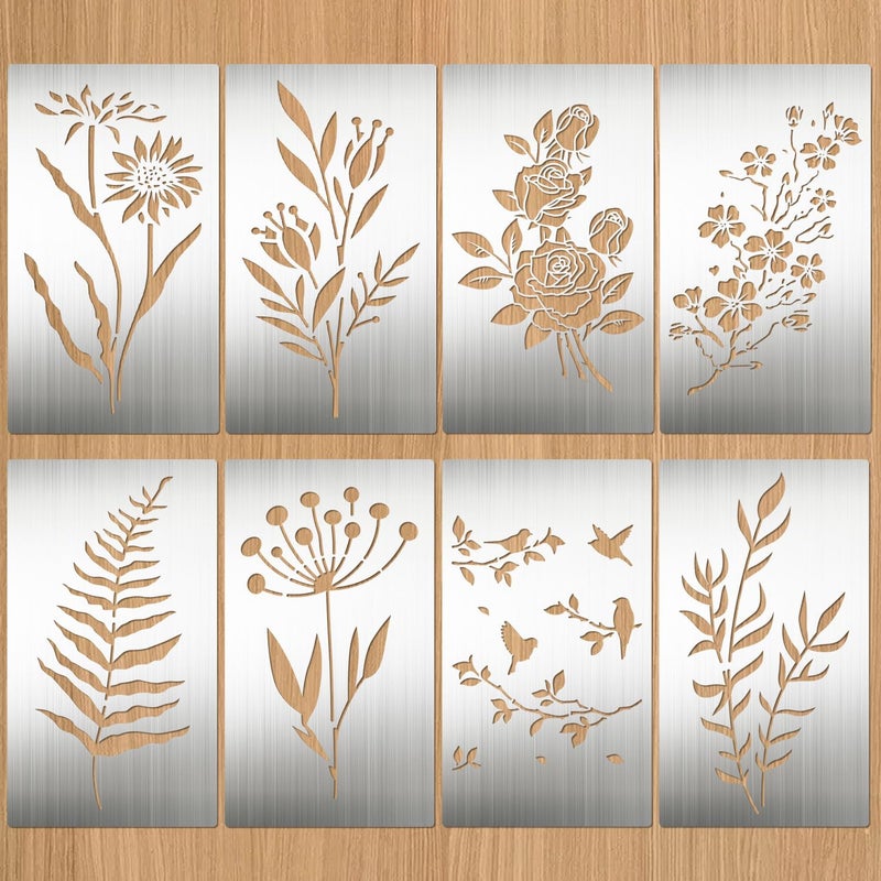 Eageus 8 Pcs Metal Stencils Wood Burning Stencil Lettering Stencils for Painting, Reusable Sunflower Flower Template for Wood Carving Drawing Engraving Journal Craft(Plant Style) - Image 1