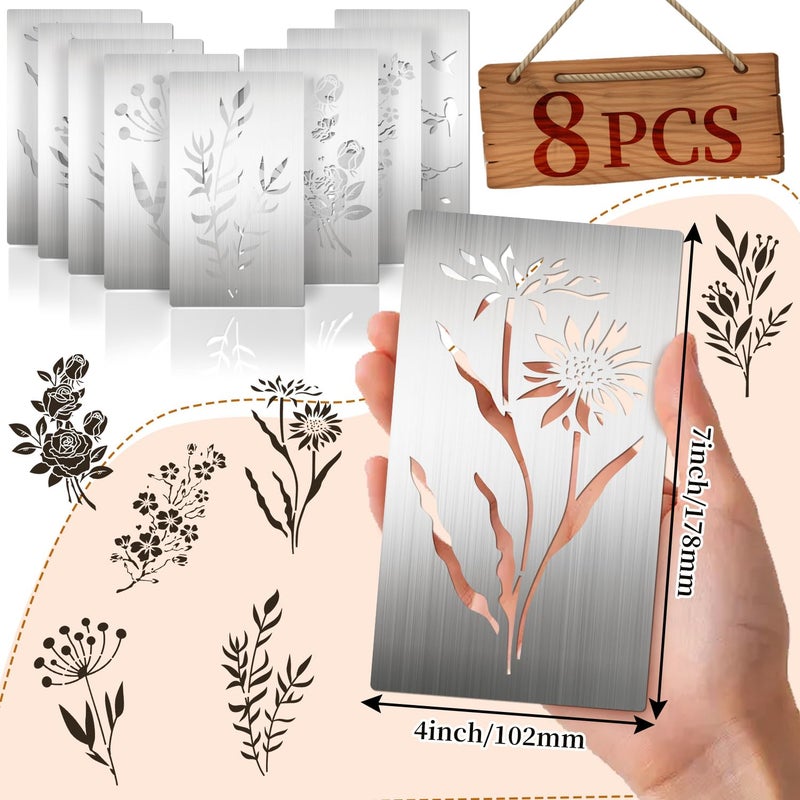 Eageus 8 Pcs Metal Stencils Wood Burning Stencil Lettering Stencils for Painting, Reusable Sunflower Flower Template for Wood Carving Drawing Engraving Journal Craft(Plant Style) - Image 2