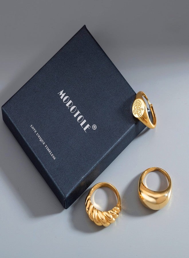 MOROTOLE 3Pcs Chunky Gold Rings Set for Women Thick Dome Rings 18K Gold Plated Croissant Braided Twisted Stacking Round Signet Rings Jewelry Size 6-10 - Image 2