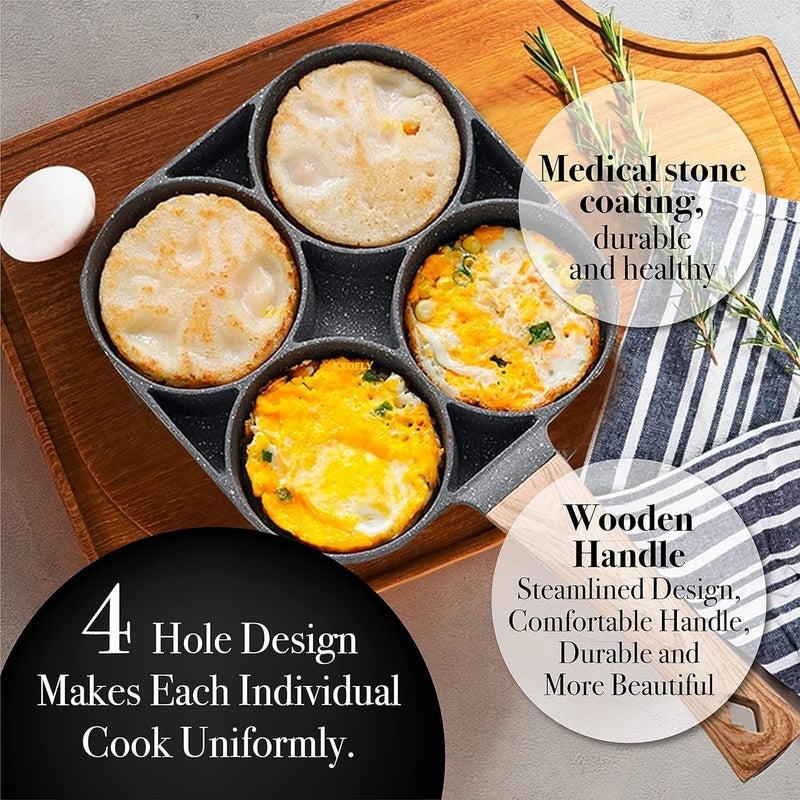EXOFLY 4 Hole Non Stick Egg Frying pan with Detachable Wooden Handle,Multi Purpose Frying pan for Omelet uttapam idli Burger Poached Egg Kitchen Breakfast - Image 4