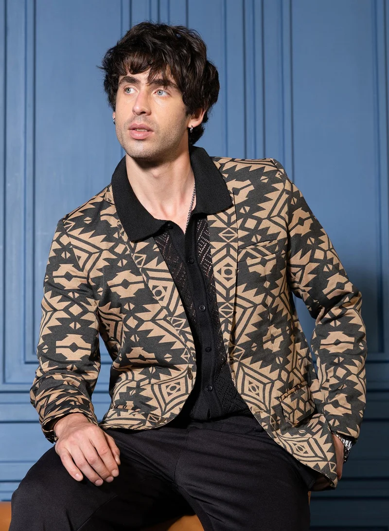 Men Tailored Aztec-Block Jacquard Blazer | Lapel Collar, Long Split-Button Set-In Sleeves | Button , Straight Hem | Jacquard Woven Fabric For Casual & Evening Wear | Multicolour
