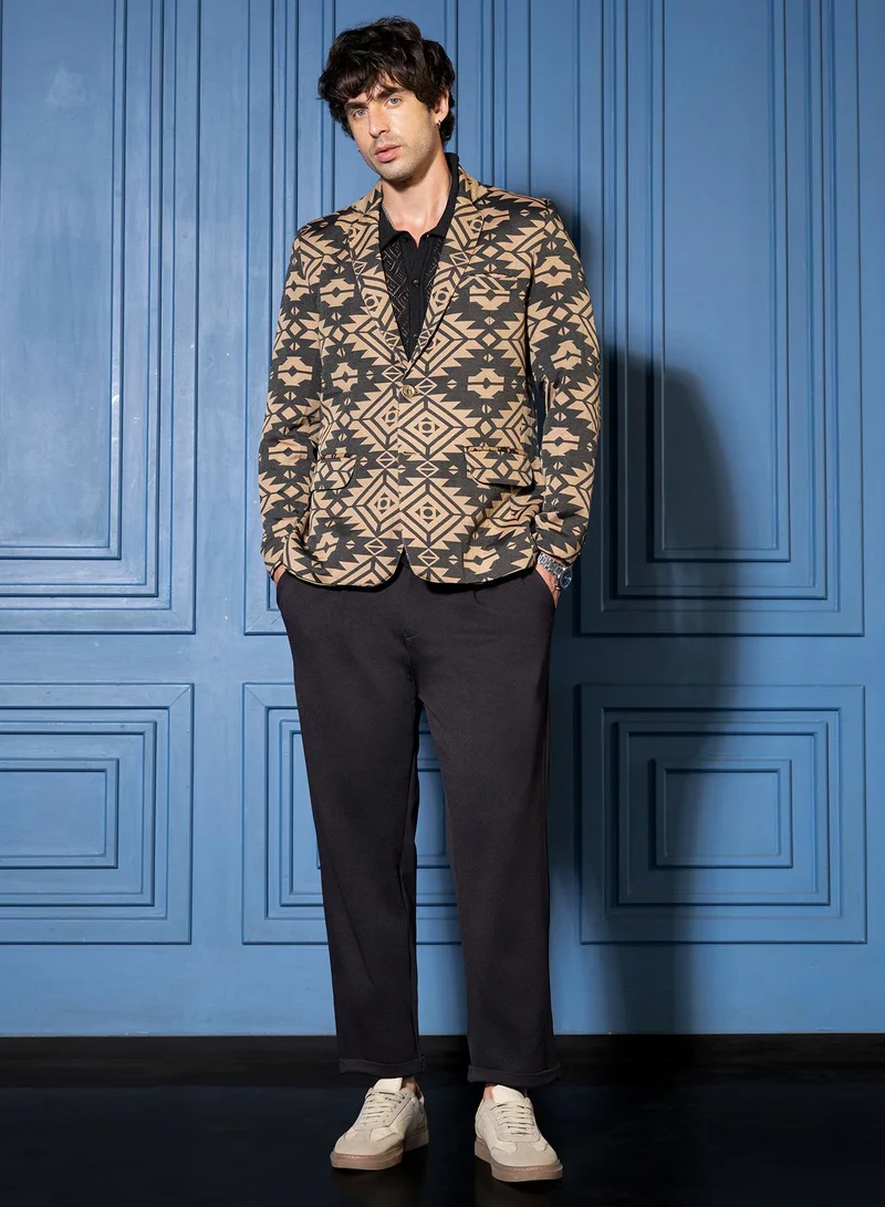 CAHOOT  Men Tailored Aztec-Block Jacquard Blazer | Lapel Collar, Long Split-Button Set-In Sleeves | Button , Straight Hem | Jacquard Woven Fabric For Casual & Evening Wear | Multicolour for Men | Best Price UAE
