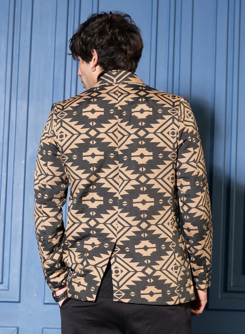 CAHOOT  Men Tailored Aztec-Block Jacquard Blazer | Lapel Collar, Long Split-Button Set-In Sleeves | Button , Straight Hem | Jacquard Woven Fabric For Casual & Evening Wear | Multicolour for Men | Best Price UAE