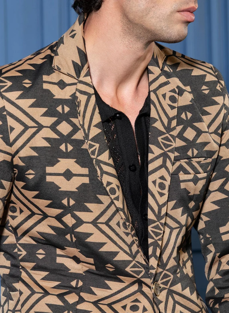 CAHOOT  Men Tailored Aztec-Block Jacquard Blazer | Lapel Collar, Long Split-Button Set-In Sleeves | Button , Straight Hem | Jacquard Woven Fabric For Casual & Evening Wear | Multicolour for Men | Best Price UAE