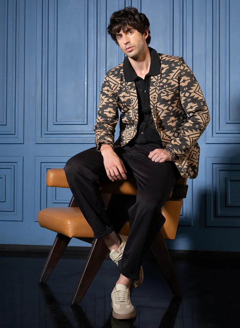 CAHOOT  Men Tailored Aztec-Block Jacquard Blazer | Lapel Collar, Long Split-Button Set-In Sleeves | Button , Straight Hem | Jacquard Woven Fabric For Casual & Evening Wear | Multicolour for Men | Best Price UAE