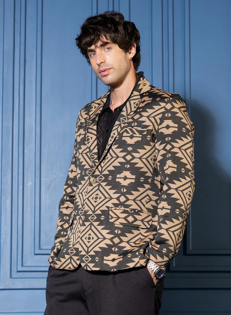 CAHOOT  Men Tailored Aztec-Block Jacquard Blazer | Lapel Collar, Long Split-Button Set-In Sleeves | Button , Straight Hem | Jacquard Woven Fabric For Casual & Evening Wear | Multicolour for Men | Best Price UAE