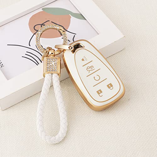 PIFOOG Key Fob Case for Chevy TPU 5 Button Keys Cover Shell Glittering Car Keychain for Malibu Equinox Trax Camaro Blazer Traverse Trailblazer Spark Girly Cute White Gold - Image 3