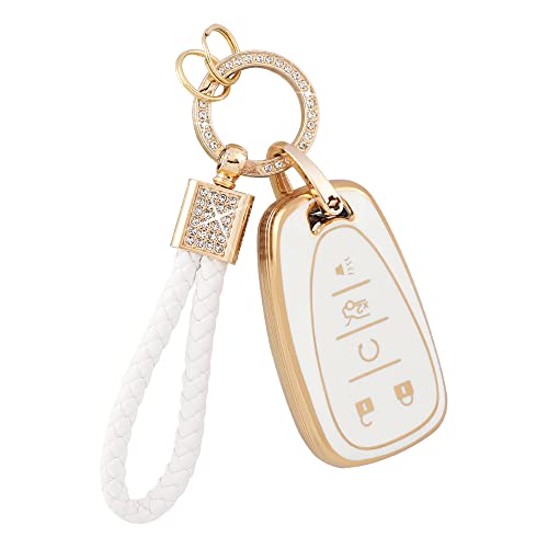 PIFOOG Key Fob Case for Chevy TPU 5 Button Keys Cover Shell Glittering Car Keychain for Malibu Equinox Trax Camaro Blazer Traverse Trailblazer Spark Girly Cute White Gold - Image 1