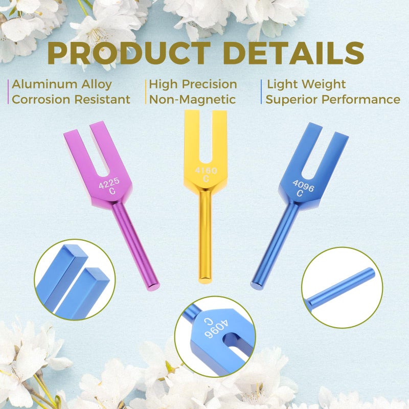 Lemfema Angel Tuning Forks Set - 4096 Hz, 4160 Hz, 4225 Hz for Sound, Musical Instrument, with Wooden Hammer and Soft Storage Bag(Colorful) - Image 3